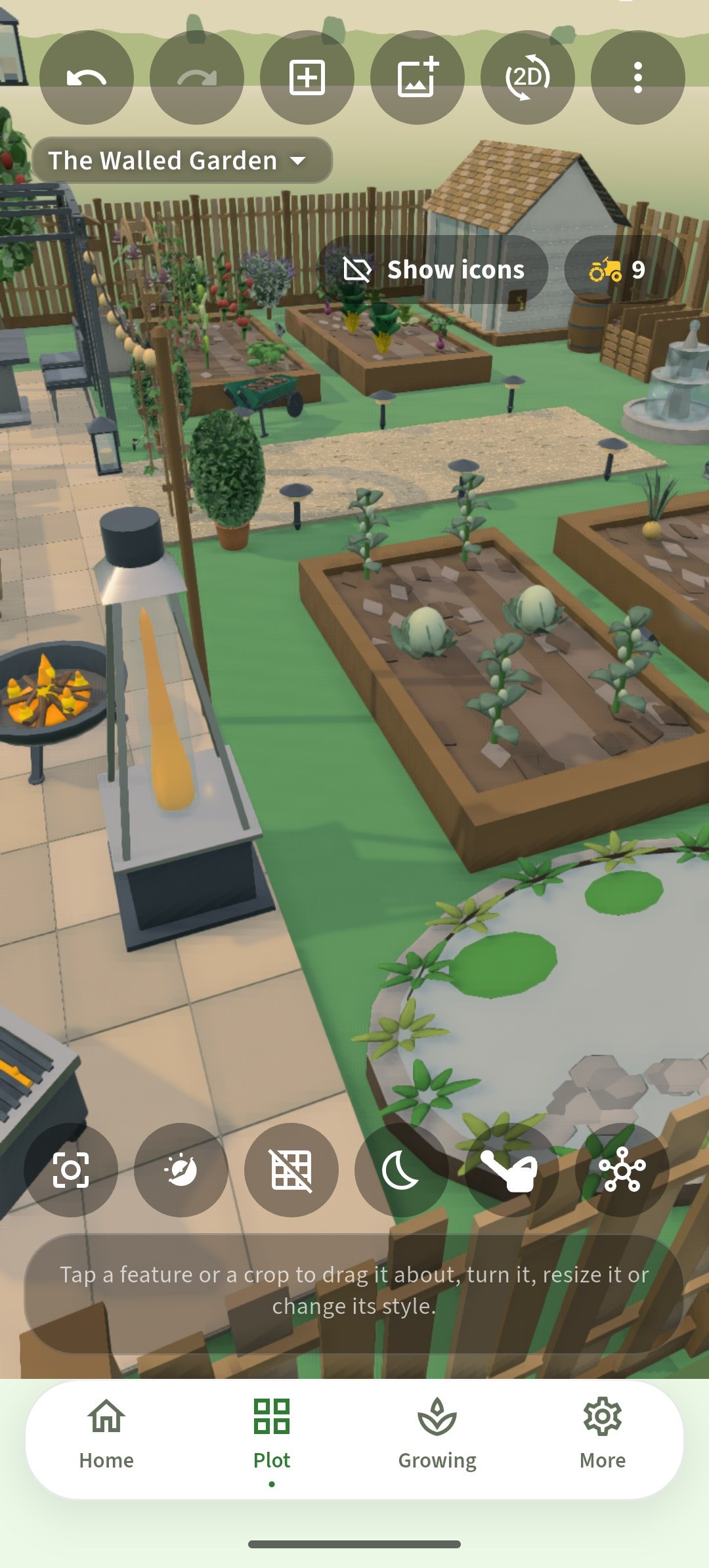 A walled garden in the Plot Trak 3D planner, in daylight